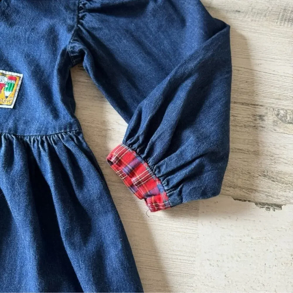 Vintage OshKosh B'gosh Girls Denim Long Sleeve Academia A-line Mini Dress Navy‎